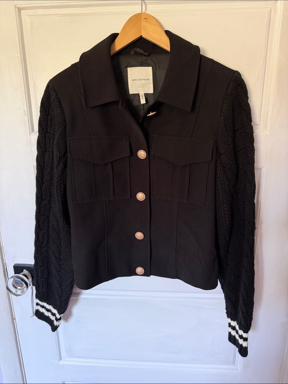 Avec Les Filles Black Jacket with Cable-Knit Sleeves and Stripe Cuffs
